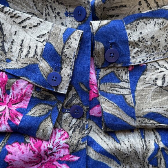 Chicos Tahiti Tropics Linen Jacket 3/4 Sleeve Size 2/L Corsican Blue Floral Prin - Picture 4 of 7